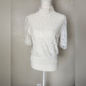 Women's White Lace Mock-Neck Blouse